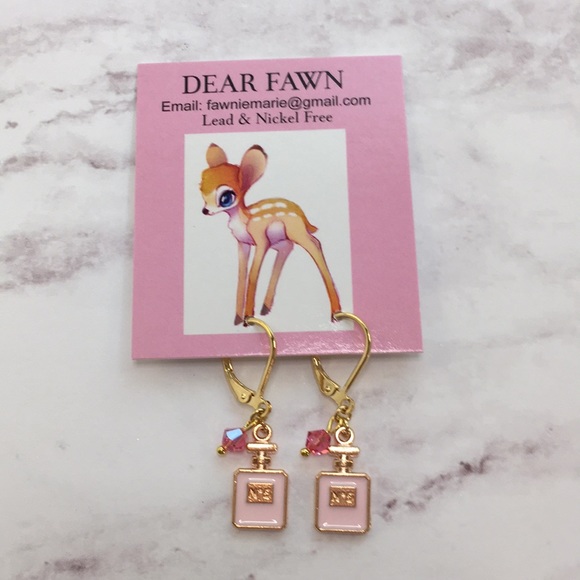 New Tiny Chanel N•5 Pink Perfume Bottle Hypoallergenic Gold Earrings - Picture 3 of 7